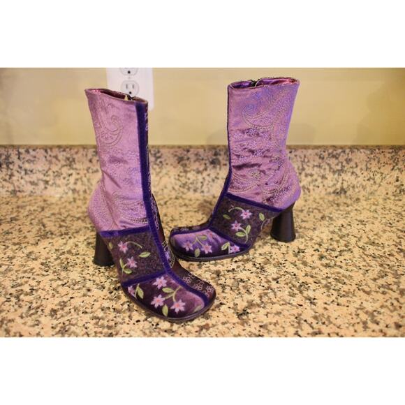 ixos Shoes - IXOS 70s Mod Velvet Satin Wool Purple Paisley Embroidered Boots Size 35/5 (BO300